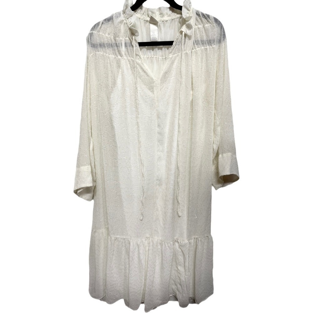 H&M Sheer Lined Tiered Prairie Boho Cottage Core White Shimmer Dress Size Small